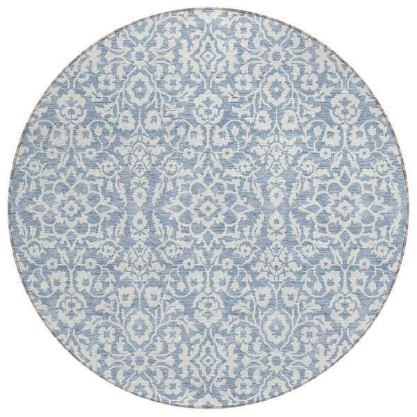 HomeRoots 5' Denim Blue and Ivory Damask Rug - Stylish, Durable, Washable Area Rug for Indoor and Outdoor Use 8' Round 595135