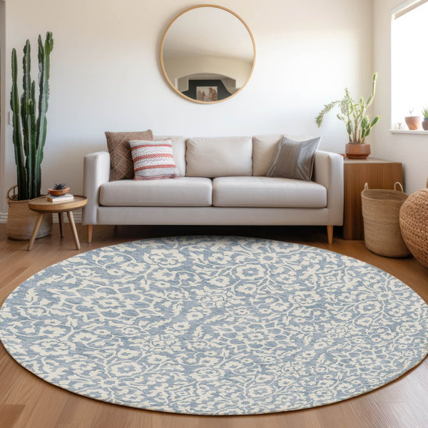 Homeroots 3' Beige And Ivory Damask Washable Indoor Outdoor Area Rug - Stylish, Durable, And Easy To Clean 8' Round Polyester 595135