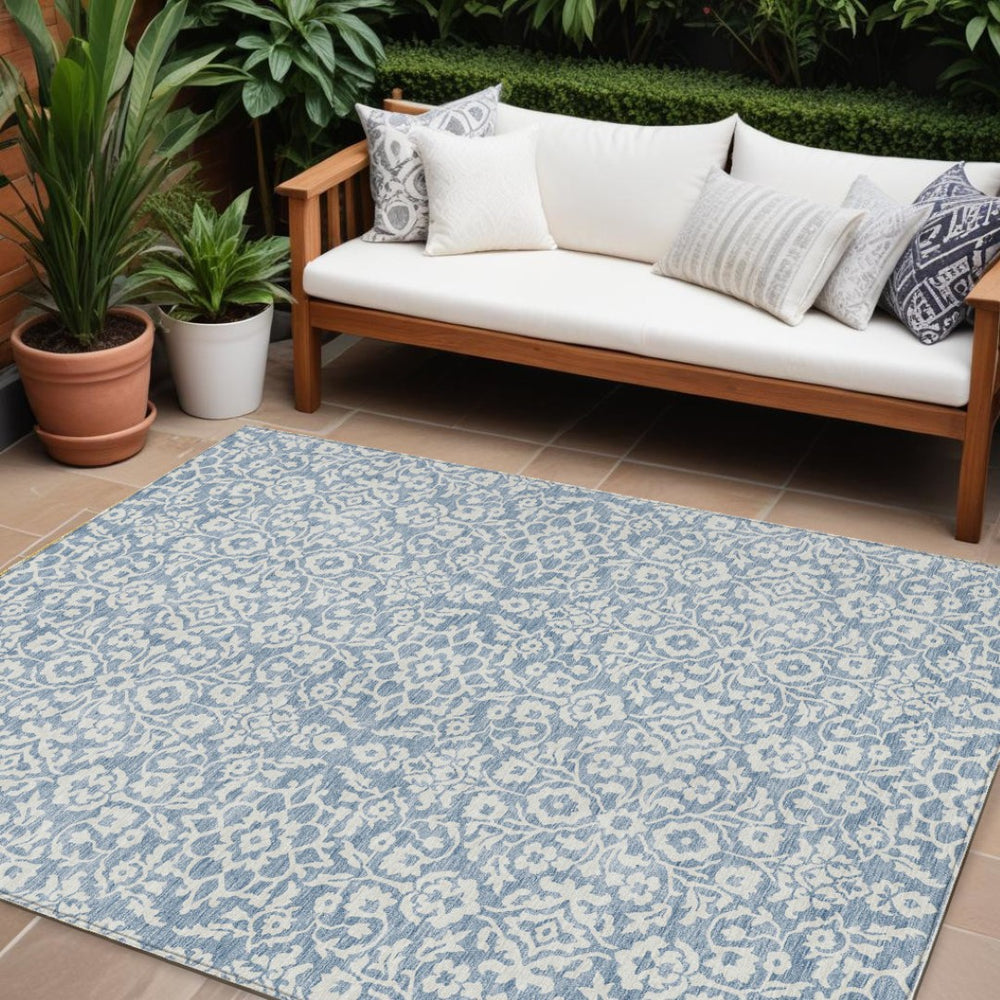 HomeRoots 5' Denim Blue and Ivory Damask Rug - Stylish, Durable, Washable Area Rug for Indoor and Outdoor Use 10' X 14' 595138