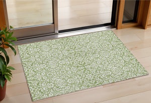 Homeroots 3' Beige And Ivory Damask Washable Indoor Outdoor Area Rug - Stylish, Durable, And Easy To Clean 3' X 5' Polyester 595139