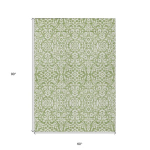 Homeroots 3' Beige And Ivory Damask Washable Indoor Outdoor Area Rug - Stylish, Durable, And Easy To Clean 5' X 8' Polyester 595140