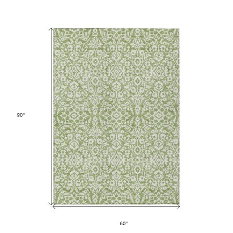 Homeroots 3' Beige And Ivory Damask Washable Indoor Outdoor Area Rug - Stylish, Durable, And Easy To Clean 5' X 8' Polyester 595140