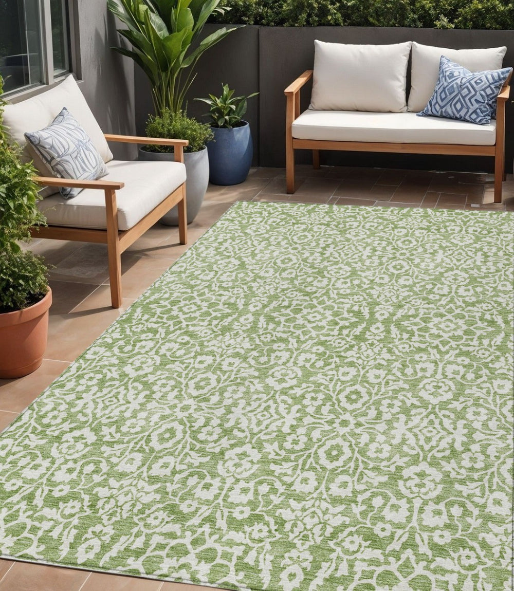 HomeRoots 5' Green and Ivory Damask Area Rug – Durable, Washable Design for Indoor and Outdoor Elegance 5' X 8' 595140