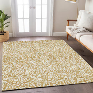Homeroots 3' Beige And Ivory Damask Washable Indoor Outdoor Area Rug - Stylish, Durable, And Easy To Clean 5' X 8' Polyester 595146