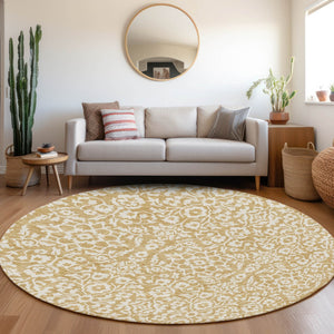 Homeroots 3' Beige And Ivory Damask Washable Indoor Outdoor Area Rug - Stylish, Durable, And Easy To Clean 8' Round Polyester 595147