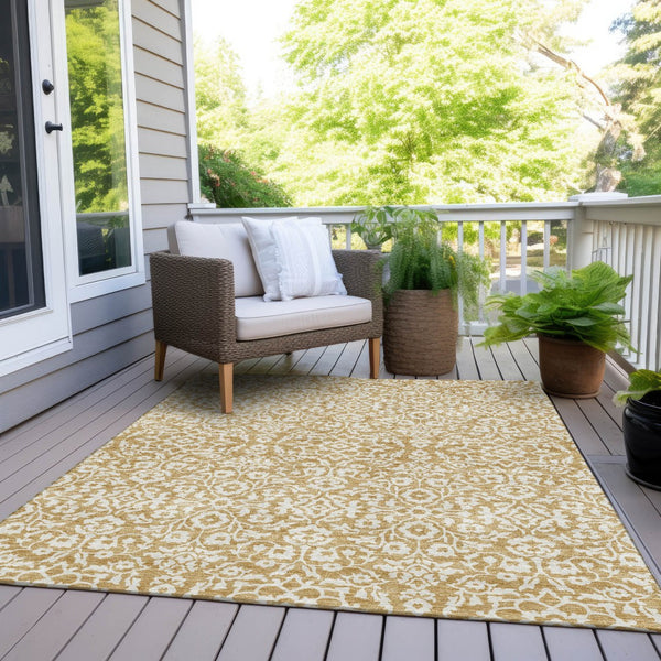 Homeroots 3' Beige And Ivory Damask Washable Indoor Outdoor Area Rug - Stylish, Durable, And Easy To Clean 9' X 12' Polyester 595149