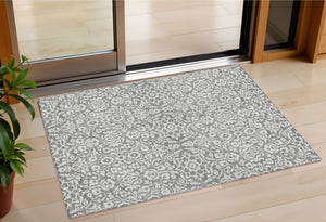 Homeroots 3' Beige And Ivory Damask Washable Indoor Outdoor Area Rug - Stylish, Durable, And Easy To Clean 3' X 5' Polyester 595151