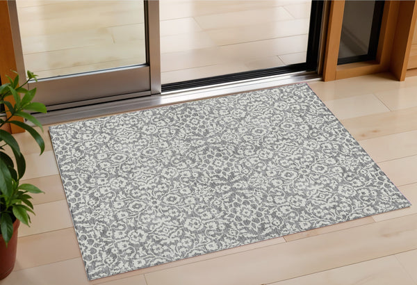 Homeroots 3' Beige And Ivory Damask Washable Indoor Outdoor Area Rug - Stylish, Durable, And Easy To Clean 3' X 5' Polyester 595151
