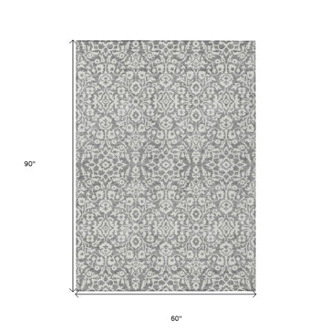 Homeroots 3' Beige And Ivory Damask Washable Indoor Outdoor Area Rug - Stylish, Durable, And Easy To Clean 5' X 8' Polyester 595152