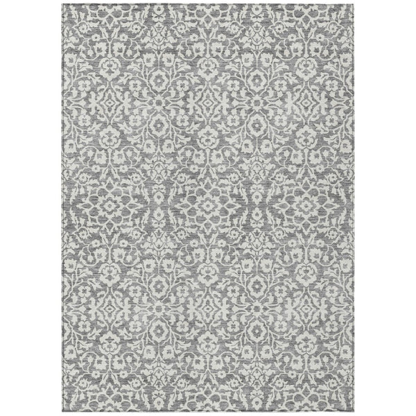 HomeRoots 5' Gray and Ivory Damask Area Rug - Stylish, Washable, Durable Design for Indoor and Outdoor Spaces 5' X 8' 595152