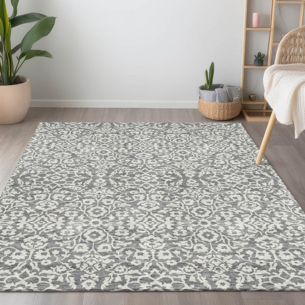 Homeroots 3' Beige And Ivory Damask Washable Indoor Outdoor Area Rug - Stylish, Durable, And Easy To Clean 5' X 8' Polyester 595152