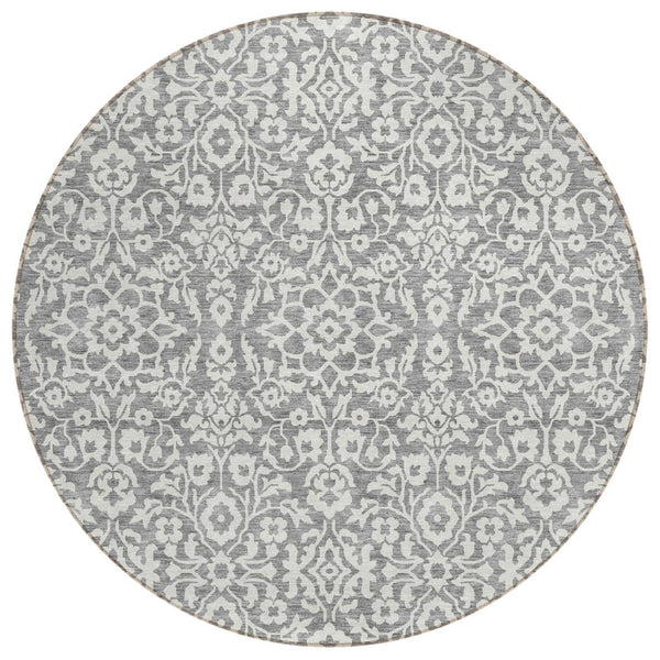 HomeRoots 5' Gray and Ivory Damask Area Rug - Stylish, Washable, Durable Design for Indoor and Outdoor Spaces 8' Round 595153