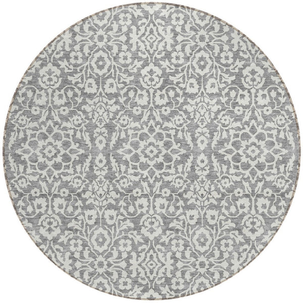 Homeroots 3' Beige And Ivory Damask Washable Indoor Outdoor Area Rug - Stylish, Durable, And Easy To Clean 8' Round Polyester 595153