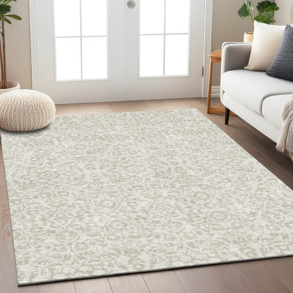 Homeroots 3' Beige And Ivory Damask Washable Indoor Outdoor Area Rug - Stylish, Durable, And Easy To Clean 3' X 5' Polyester 595157