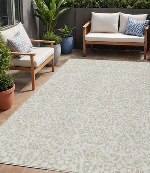 Homeroots 3' Beige And Ivory Damask Washable Indoor Outdoor Area Rug - Stylish, Durable, And Easy To Clean 5' X 8' Polyester 595158