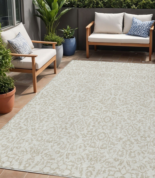 Homeroots 3' Beige And Ivory Damask Washable Indoor Outdoor Area Rug - Stylish, Durable, And Easy To Clean 5' X 8' Polyester 595158