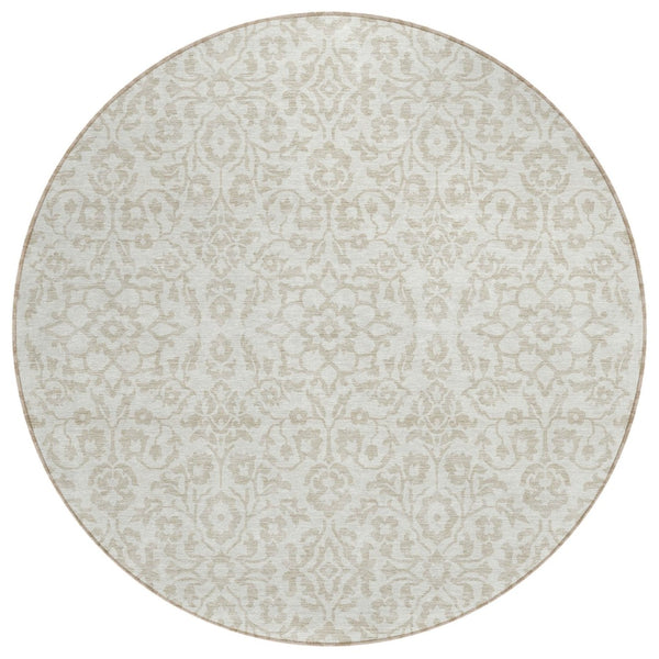 HomeRoots 5' Ivory and Beige Damask Area Rug – Stylish, Washable, Durable for Indoor and Outdoor Spaces 8' Round 595159