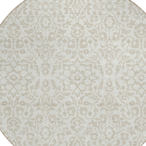 Homeroots 3' Beige And Ivory Damask Washable Indoor Outdoor Area Rug - Stylish, Durable, And Easy To Clean 8' Round Polyester 595159