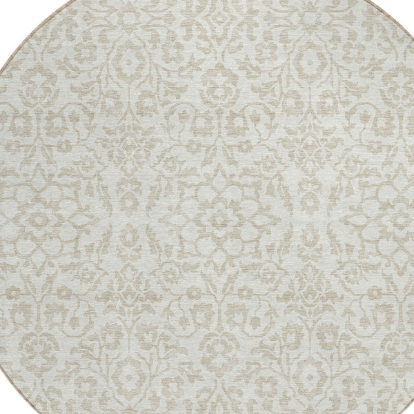 Homeroots 3' Beige And Ivory Damask Washable Indoor Outdoor Area Rug - Stylish, Durable, And Easy To Clean 8' Round Polyester 595159