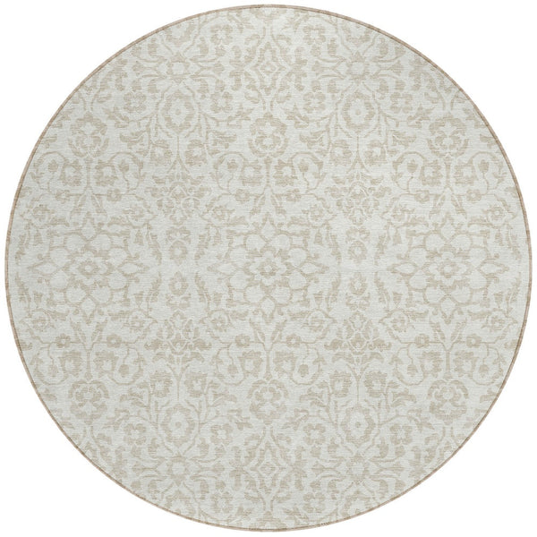 Homeroots 3' Beige And Ivory Damask Washable Indoor Outdoor Area Rug - Stylish, Durable, And Easy To Clean 8' Round Polyester 595159