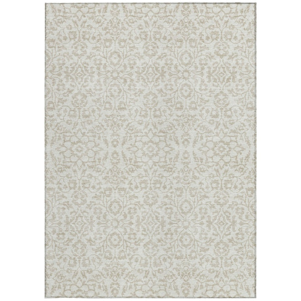 Homeroots 3' Beige And Ivory Damask Washable Indoor Outdoor Area Rug - Stylish, Durable, And Easy To Clean 8' X 10' Polyester 595160