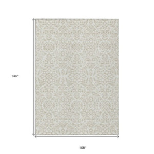Homeroots 3' Beige And Ivory Damask Washable Indoor Outdoor Area Rug - Stylish, Durable, And Easy To Clean 9' X 12' Polyester 595161