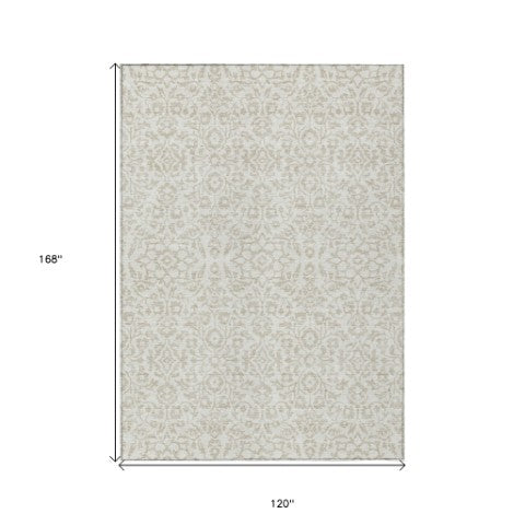 Homeroots 3' Beige And Ivory Damask Washable Indoor Outdoor Area Rug - Stylish, Durable, And Easy To Clean 10' X 14' Polyester 595162