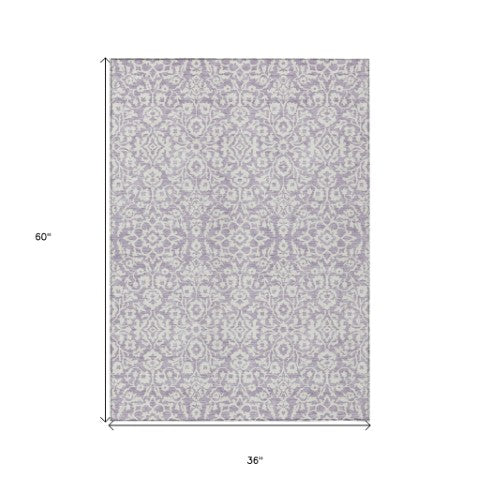 Homeroots 3' Beige And Ivory Damask Washable Indoor Outdoor Area Rug - Stylish, Durable, And Easy To Clean 3' X 5' Polyester 595163