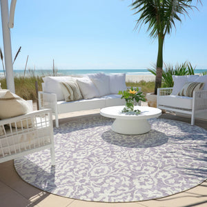Homeroots 3' Beige And Ivory Damask Washable Indoor Outdoor Area Rug - Stylish, Durable, And Easy To Clean 8' Round Polyester 595165