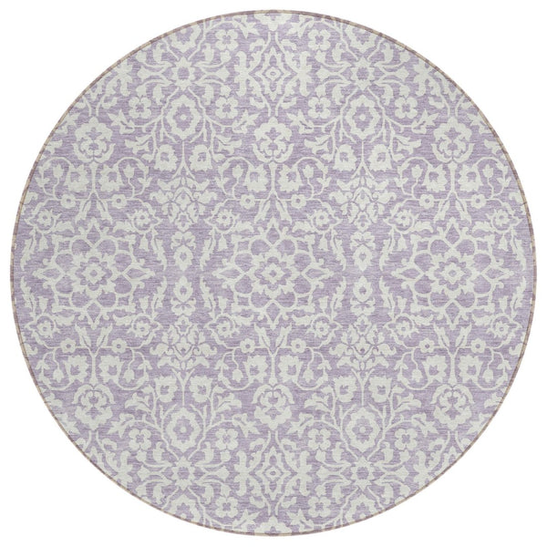 HomeRoots 5' Elegant Lavender and Ivory Damask Area Rug - Durable, Washable Design for Indoor and Outdoor Use 8' Round 595165