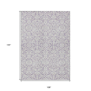 HomeRoots 9' X 12' Elegant Lavender and Ivory Damask Area Rug – Washable, Durable for Indoor & Outdoor Use 595167