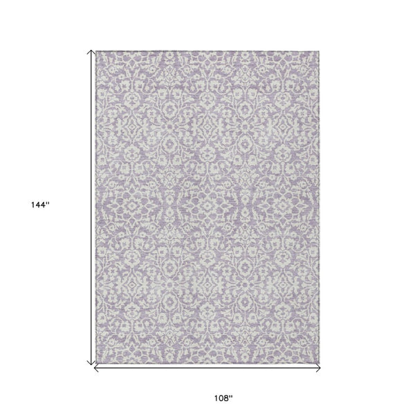 HomeRoots 9' X 12' Elegant Lavender and Ivory Damask Area Rug – Washable, Durable for Indoor & Outdoor Use 595167