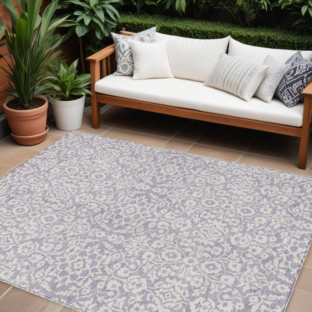 HomeRoots 9' X 12' Elegant Lavender and Ivory Damask Area Rug – Washable, Durable for Indoor & Outdoor Use 595167