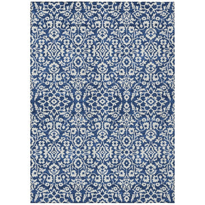 HomeRoots 5' Navy Blue and Ivory Damask Area Rug - Stylish, Washable Design for Indoor and Outdoor Elegance 5' X 8' 595170