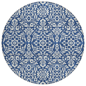 HomeRoots 5' Navy Blue and Ivory Damask Area Rug - Stylish, Washable Design for Indoor and Outdoor Elegance 8' Round 595171