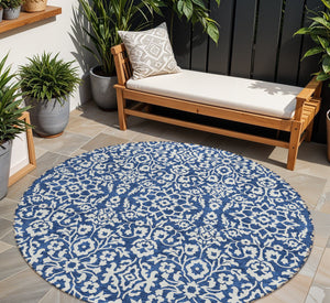 Homeroots 3' Beige And Ivory Damask Washable Indoor Outdoor Area Rug - Stylish, Durable, And Easy To Clean 8' Round Polyester 595171