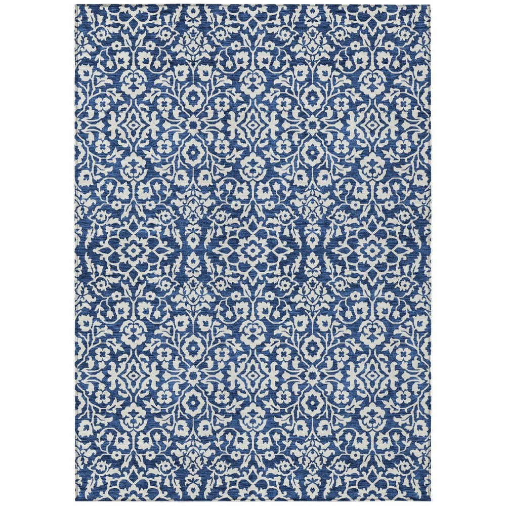 HomeRoots 9' X 12' Navy Blue & Ivory Damask Indoor/Outdoor Area Rug - Durable, Washable, Elegant Style for All Spaces 595173