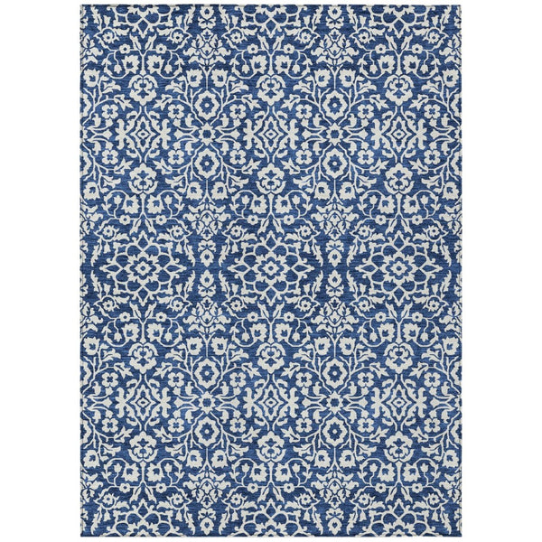 HomeRoots 5' Navy Blue and Ivory Damask Area Rug - Stylish, Washable Design for Indoor and Outdoor Elegance 10' X 14' 595174