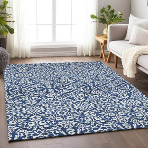 Homeroots 3' Beige And Ivory Damask Washable Indoor Outdoor Area Rug - Stylish, Durable, And Easy To Clean 10' X 14' Polyester 595174
