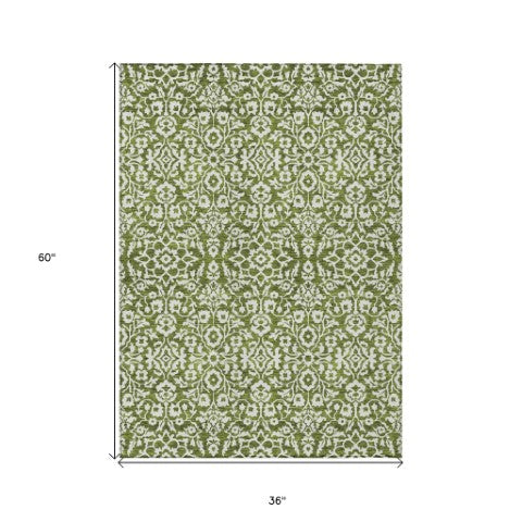 Homeroots 3' Beige And Ivory Damask Washable Indoor Outdoor Area Rug - Stylish, Durable, And Easy To Clean 3' X 5' Polyester 595175