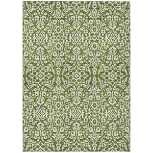 HomeRoots 5' Olive Green and Ivory Damask Area Rug - Stylish, Durable, Washable for Indoor and Outdoor Spaces 5' X 8' 595176