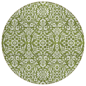 HomeRoots 5' Olive Green and Ivory Damask Area Rug - Stylish, Durable, Washable for Indoor and Outdoor Spaces 8' Round 595177