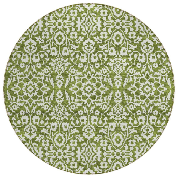 HomeRoots 5' Olive Green and Ivory Damask Area Rug - Stylish, Durable, Washable for Indoor and Outdoor Spaces 8' Round 595177
