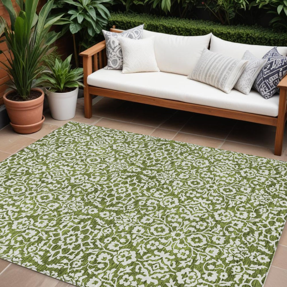 HomeRoots 9' X 12' Olive Green Damask Area Rug - Washable, Durable, Stylish for Indoor & Outdoor Spaces! 595179