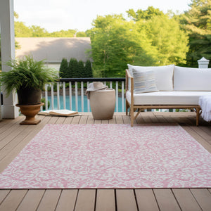 Homeroots 3' Beige And Ivory Damask Washable Indoor Outdoor Area Rug - Stylish, Durable, And Easy To Clean 3' X 5' Polyester 595181