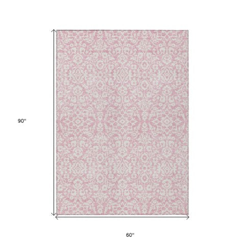 Homeroots 3' Beige And Ivory Damask Washable Indoor Outdoor Area Rug - Stylish, Durable, And Easy To Clean 5' X 8' Polyester 595182
