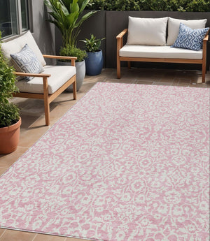 Homeroots 3' Beige And Ivory Damask Washable Indoor Outdoor Area Rug - Stylish, Durable, And Easy To Clean 5' X 8' Polyester 595182