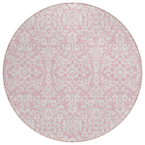 HomeRoots 5' Pink and Ivory Damask Area Rug - Elegant, Washable Design for Indoor and Outdoor Spaces 8' Round 595183