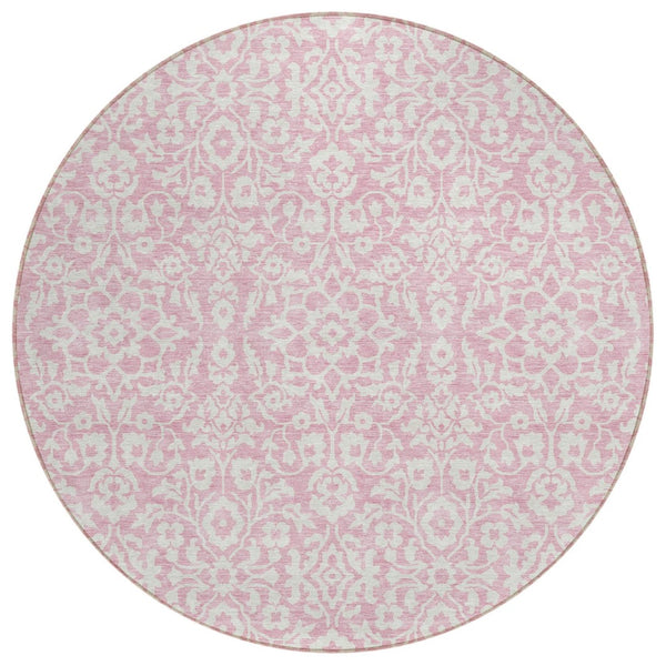 HomeRoots 5' Pink and Ivory Damask Area Rug - Elegant, Washable Design for Indoor and Outdoor Spaces 8' Round 595183