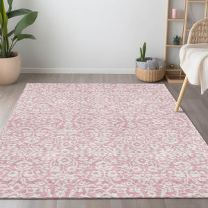 Homeroots 3' Beige And Ivory Damask Washable Indoor Outdoor Area Rug - Stylish, Durable, And Easy To Clean 10' X 14' Polyester 595186